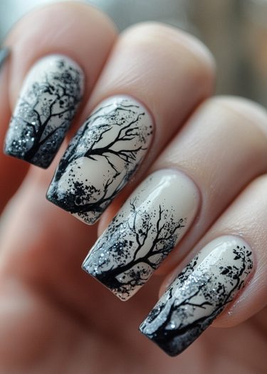 Mystical nail art with winter tree silhouettes and sparkling glitter on a gradient background.