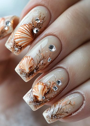 Beach-themed nail art featuring seashells and rhinestones on sandy beige bases.