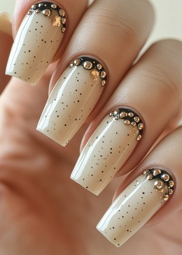 Elegant beige nail art with black specks and gold studs for a modern look.