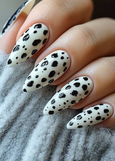 Elegant stiletto nails with black polka dots on glossy white, set against a textured grey background.