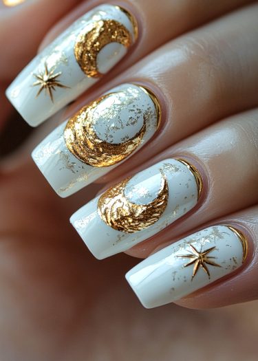 Elegant celestial gold nail art with shimmering white polish and stunning moon and star designs.