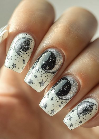 Elegant celestial nail art featuring moons and stars on a creamy white base.