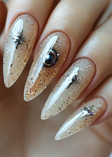 Elegant celestial nail art with sparkly glitter and star motifs on stiletto-shaped nails.