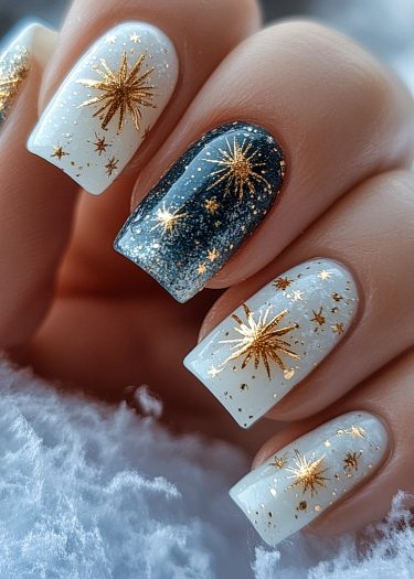 Celestial nail art with gold stars on black and white ombre, perfect for a winter theme.