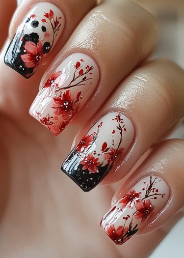 Elegant cherry blossom nail art featuring a panda, intricate designs, and a soft color palette.