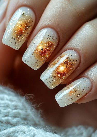 Vibrant cosmic glitter nails with golden-orange gradient and sparkling details for a luxurious look.