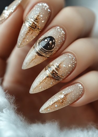 Elegant cosmic nail art with glitter and gold planetary designs on almond-shaped nails.