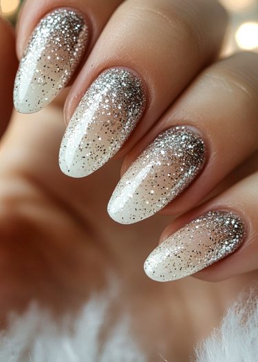 Elegant almond-shaped nails featuring a creamy white base and silver glitter ombre design.