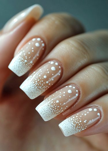 Elegant beige nail art with gradient ombre, white polka dots, and sophisticated design.