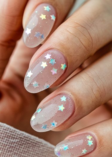 Elegant almond-shaped nails featuring holographic star nail art on a soft pink base.