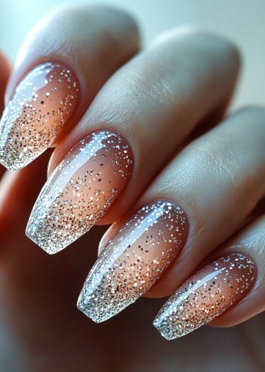 Elegant coffin nails with glitter ombre design, showcasing a shiny and sophisticated manicure.