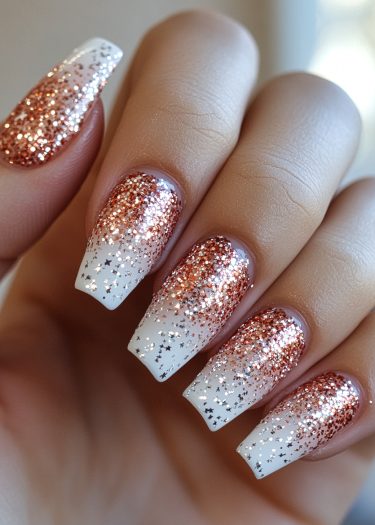 Elegantly manicured nails with rose gold glitter gradient and square tips for a glamorous look.