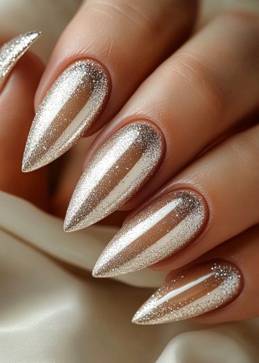 Stunning stiletto nails adorned with shimmering glitter for an elegant, luxurious manicure.