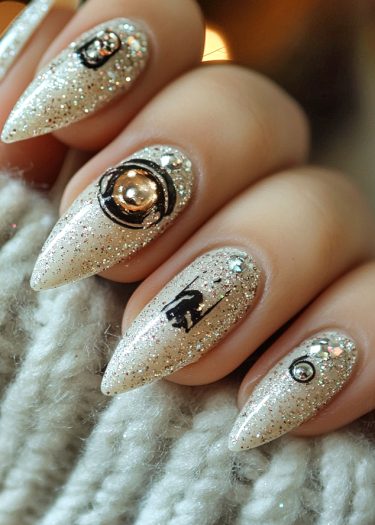 Elegant glittery stiletto nails with celestial designs and whimsical details, perfect for special occasions.