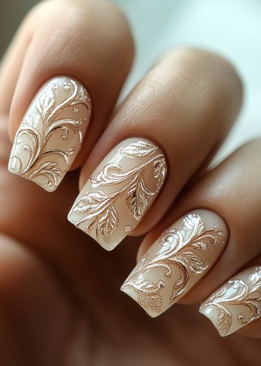 Elegant beige nails adorned with intricate gold filigree design for a sophisticated look.