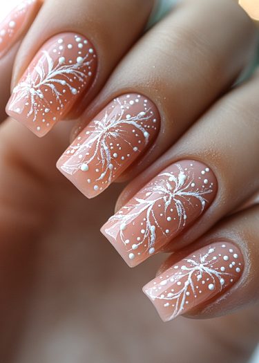 Elegant nude pink nails featuring intricate white floral designs for a sophisticated manicure.