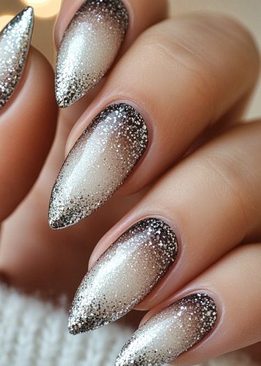 Elegant stiletto nails featuring a stunning ombre gradient with glitter for a glamorous look.