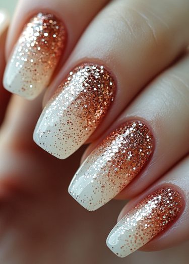 Elegant ombre glitter nails with a stunning copper gradient and glossy finish.