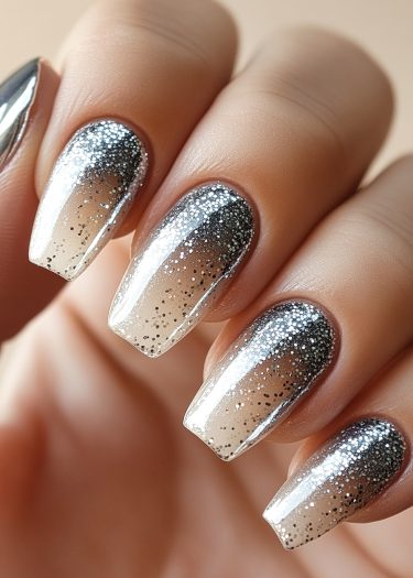 Sophisticated ombre nail art with glitter, featuring a stylish gradient from nude to silver.