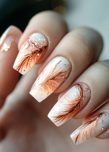 Elegant nail art featuring intricate copper feather designs and sparkling accents on a creamy base.