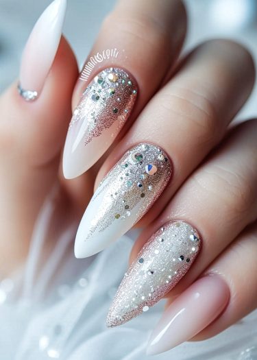 Elegant pink and silver glitter nail design with gemstones for a luxurious look.