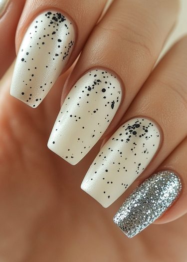 Stylish squoval nails with matte off-white polish and silver glitter accent for modern nail art.