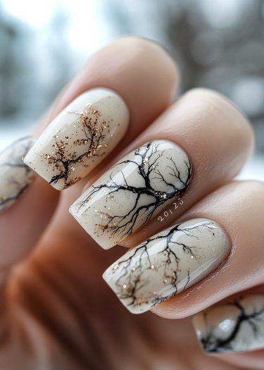 Elegant taupe nail art featuring intricate branch designs and sparkling gold accents.