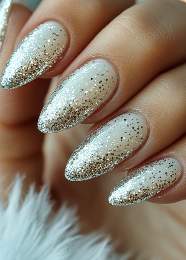 Elegant white almond nails with silver glitter showcase sophisticated nail art on a textured background.