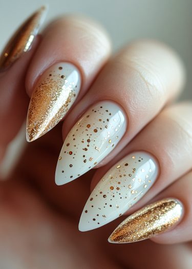 Elegant white and gold nail design with shimmering glitter for a stylish manicure.