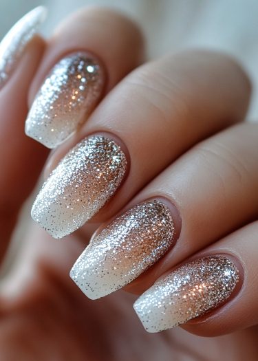 Elegant ombre nails with sparkling silver tips, showcasing modern nail art and sophistication.