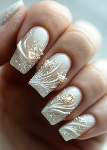 Elegant floral nail art design with 3D embellishments and a glossy white finish.