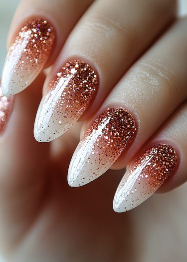 Elegant stiletto nails with a stunning glitter gradient in copper and gold.