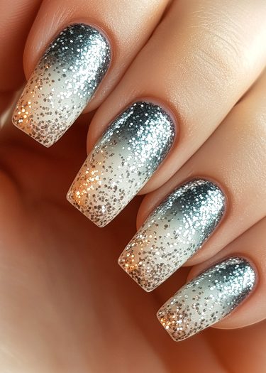 Elegant glitter gradient nails featuring a nude to metallic silver ombre design.