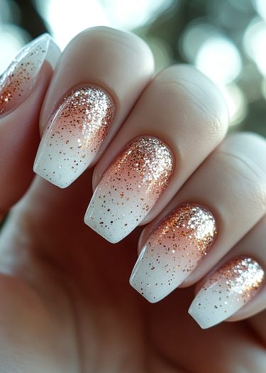 Elegant gradient glitter ombre nails featuring a milky white base and shimmering gold tips.