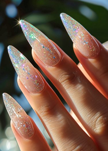 Gorgeous glittery almond-shaped nails shine in holographic colors, perfect for a stylish manicure.