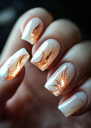 Elegant glossy white nails with intricate gold-orange flame designs showcasing nail artistry.