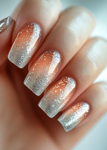 Elegant gradient glitter nails showcase a sophisticated ombre design with sparkling details.