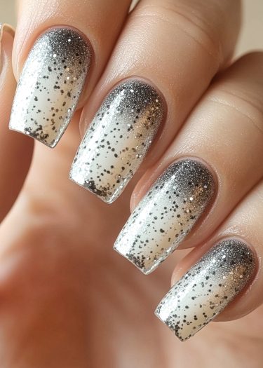 Stunning gradient silver nails with glitter for an elegant and modern manicure design.