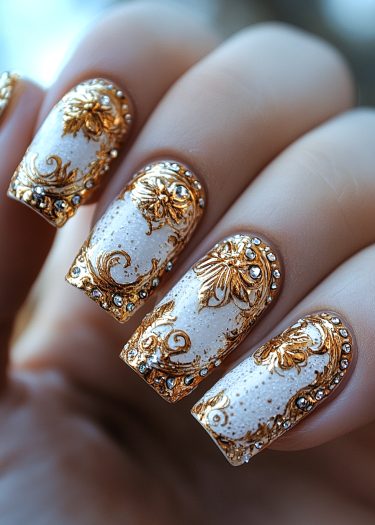 Stunning white and gold nail art featuring intricate designs and sparkling rhinestones for elegance.