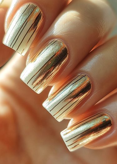 Elegant metallic gold nails with black lines, showcasing luxury and sophistication in nail art.