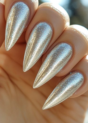 Elegant metallic silver stiletto nails with shimmering finish, showcasing exquisite nail artistry.