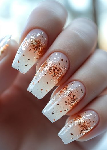 Elegant ombre and glitter nail art with a chic nude-to-white gradient design.