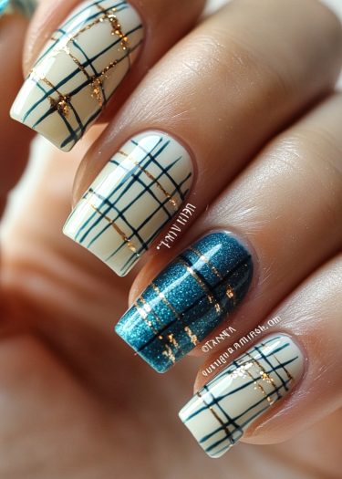 Elegant plaid teal nail art featuring shimmering gold accents and intricate designs.