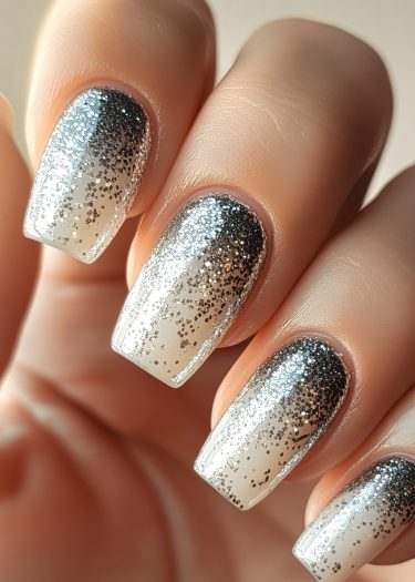 Elegant silver ombre glitter nails with a nude base, perfect for any occasion.