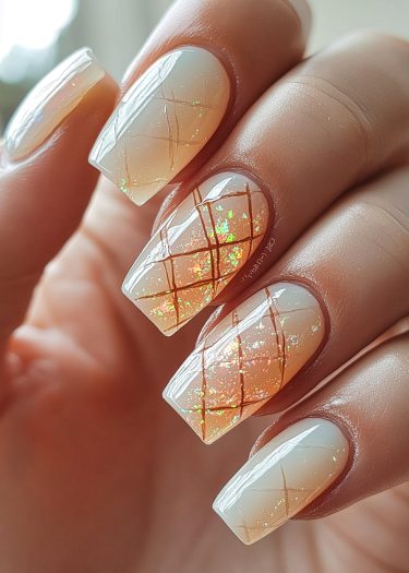 Elegant opalescent nail art with golden crisscross design and shimmering iridescent flakes.