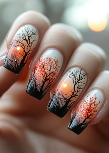 Vibrant sunset nail art featuring silhouettes of trees against a gradient sunset sky.