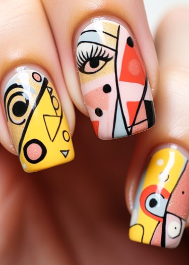 Vibrant abstract art nail design featuring geometric shapes and bold colors in intricate patterns.