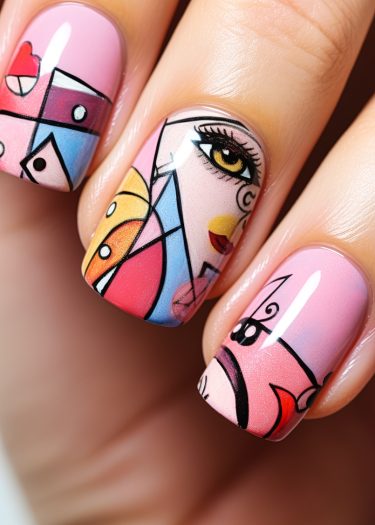 Vibrant abstract art nail design with geometric shapes and colorful patterns showcasing artistic creativity.