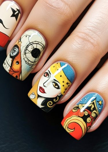 Vibrant abstract art nail designs featuring surreal patterns and intricate details for creative expression.