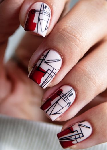 Intricate abstract geometric nail art design in red, black, and white on manicured nails.